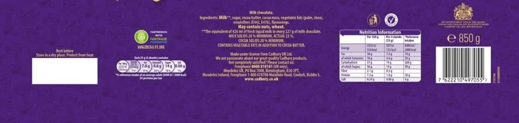 Cadbury Dairy Milk Chocolate Bar, 850 G - Image 2