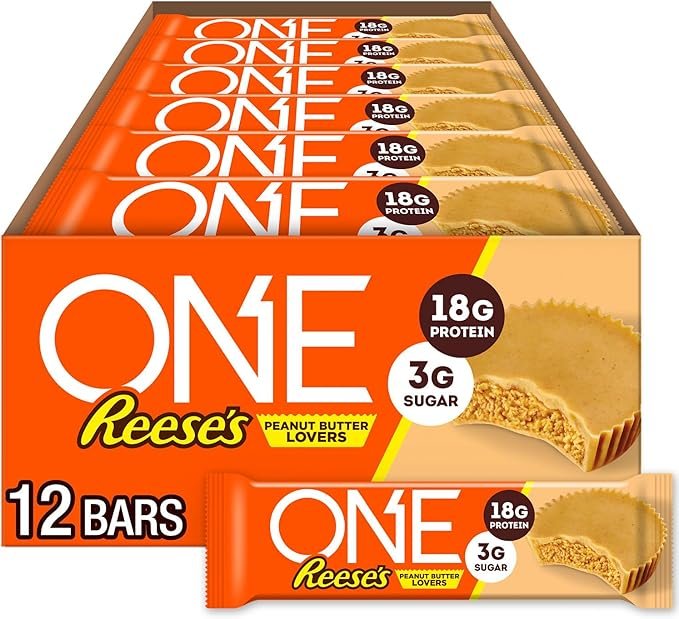 ONE Protein Bars, Reese's Peanut Butter Lovers, Gluten Free with 18g Protein and 3g Sugar, Pantry Staples, 2.12 oz (12 Count)