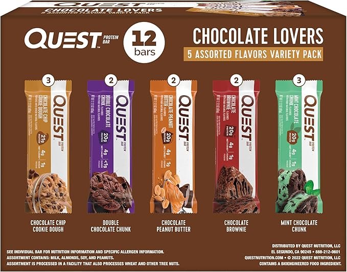 Quest Nutrition Protein Bar, Chocolate Lovers Variety Pack, 5 Flavors, High Protein Bars, Low Carb Bars, Gluten Free, Soy Free, 2.1 oz Bar, 12 Count