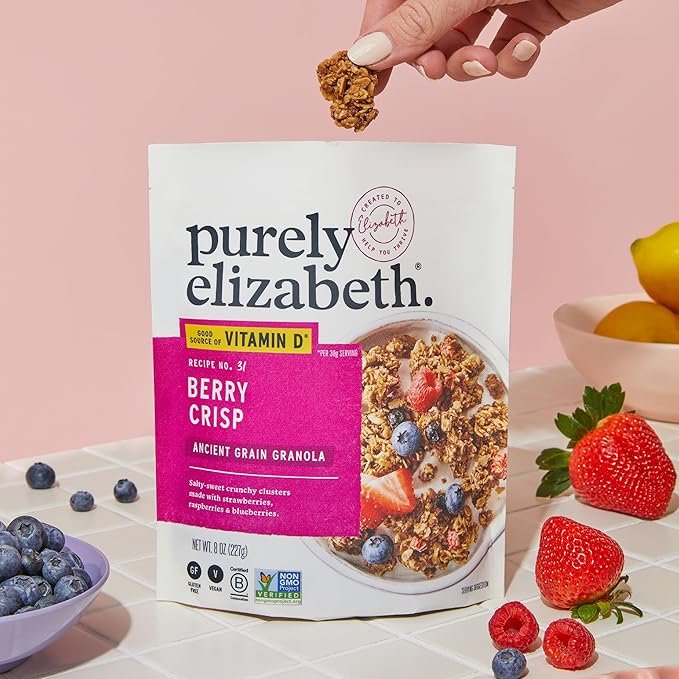 Purely Elizabeth Berry Crisp Granola wit Vitamin D, Made with Organic Oats and Ancient Grains, Gluten-Free, Non-GMO (3 Ct, 8oz Bags) - Image 5
